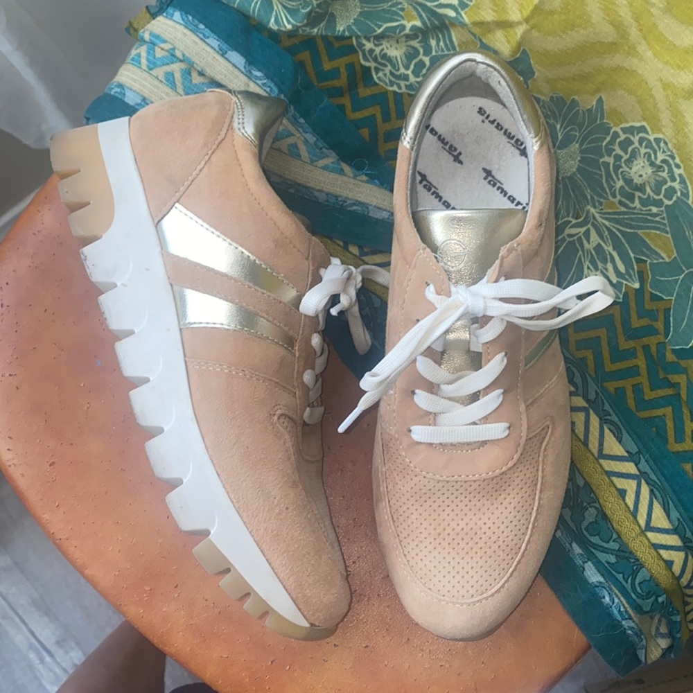 Women's Beige Suede Sneakers with Gold Accent